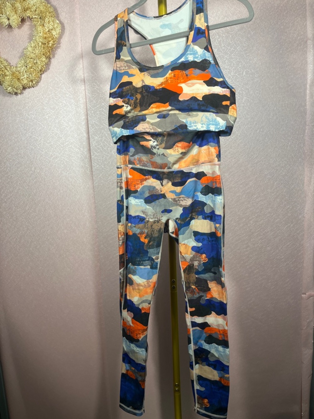 Fabletics Blue Orange Camo Legging and Sports Bra